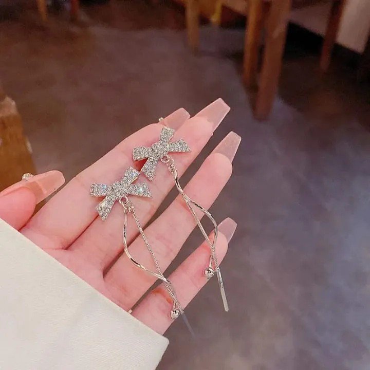 Crystal Bow Long Chain Earrings, view 4