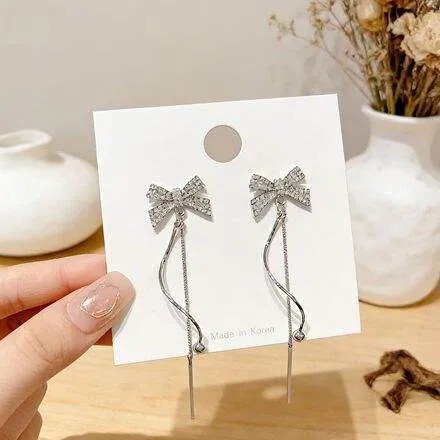 Crystal Bow Long Chain Earrings, view 5