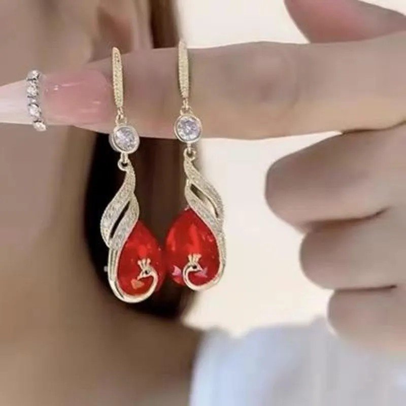 Red Teardrop Crystal Swan Drop Earrings for women