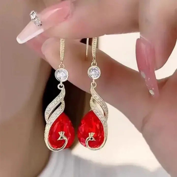 Red Teardrop Crystal Swan Drop Earrings, view 3