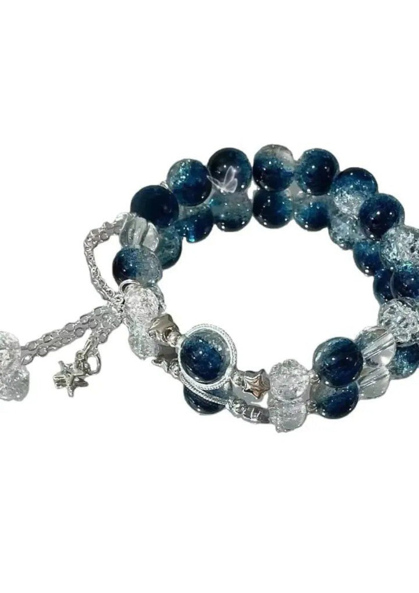Beaded Bracelet with Blue and Clear Crackle Glass Beads, Silver Chain with Star Charm | Image 1