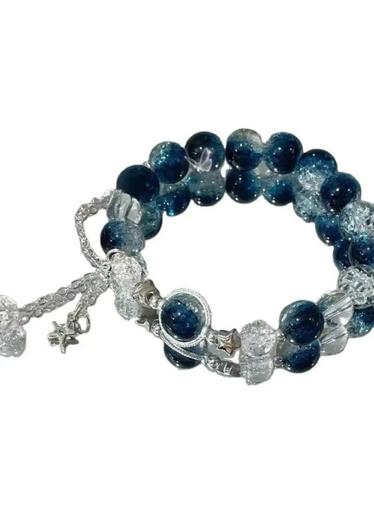 Beaded Bracelet with Blue and Clear Crackle Glass Beads, Silver Chain with Star Charm | Image 1