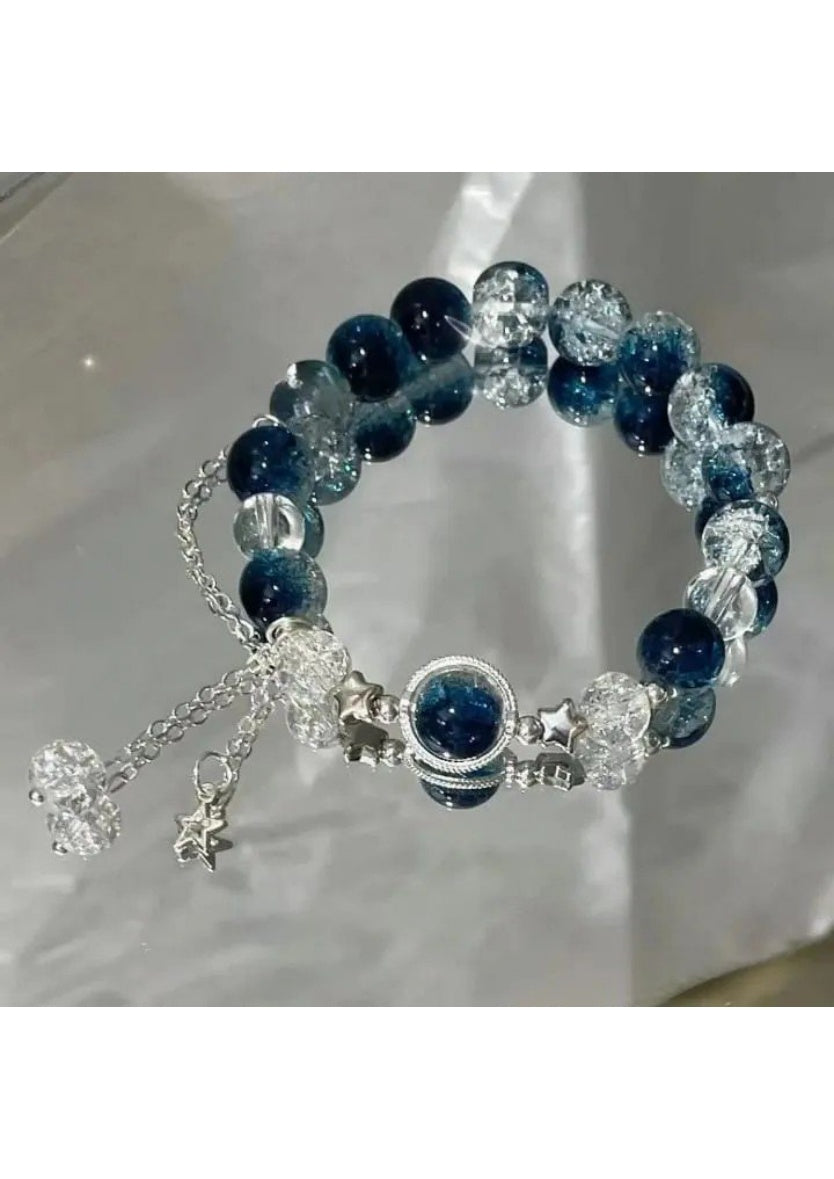 Beaded Bracelet with Blue and Clear Crackle Glass Beads, Silver Chain with Star Charm | Image 2