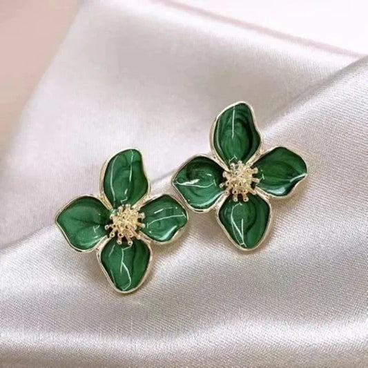 Green Enamel Flower Stud Earrings