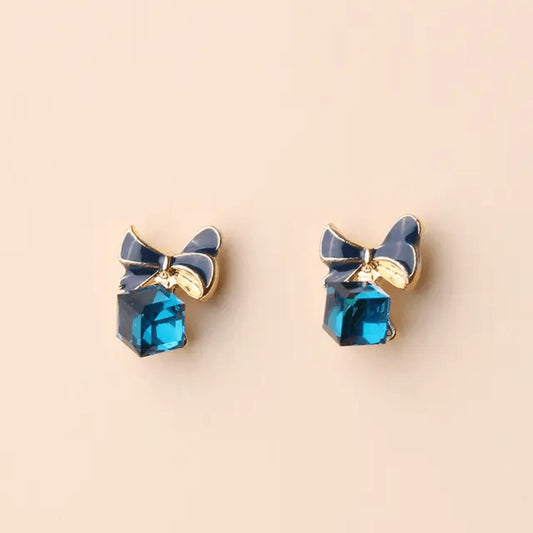 Blue Bow Cube Stone Stud Earrings