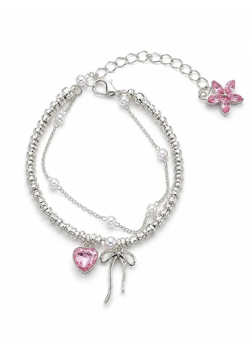 Elegant Silver Pink Heart Bow Layered Pearl Bracelet | Image 1