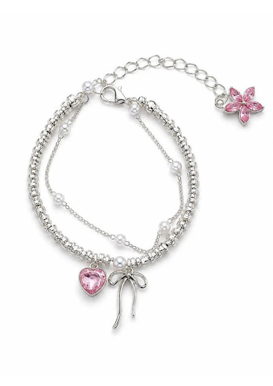 Elegant Silver Pink Heart Bow Layered Pearl Bracelet | Image 1