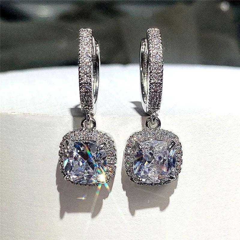 Crystal Square Halo Huggie Drop Earrings for women