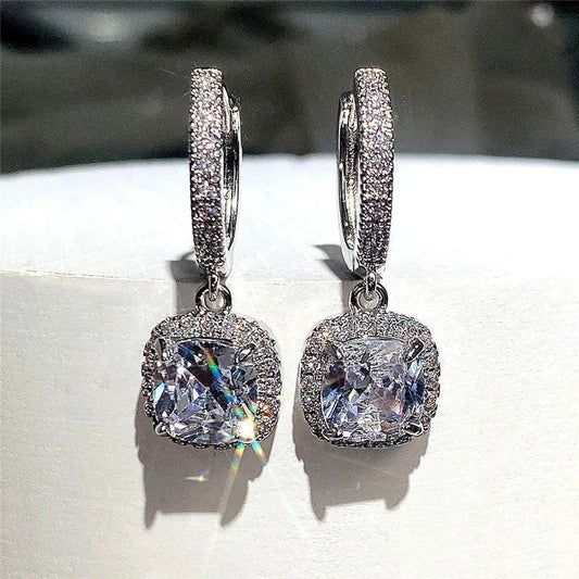 Crystal Square Halo Huggie Drop Earrings for women