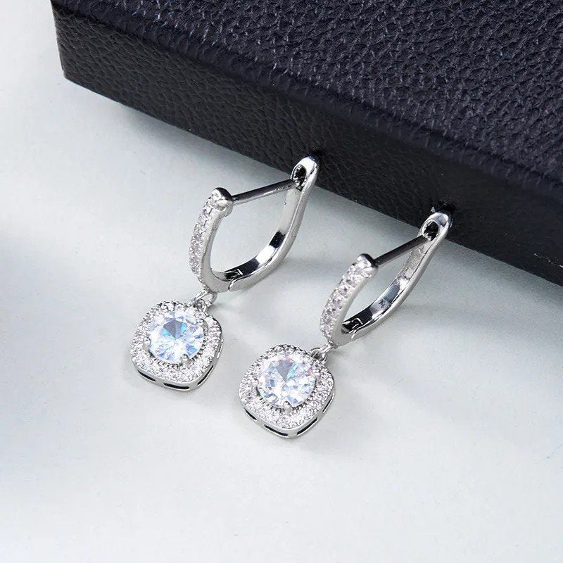 Crystal Square Halo Huggie Drop Earrings, view 2