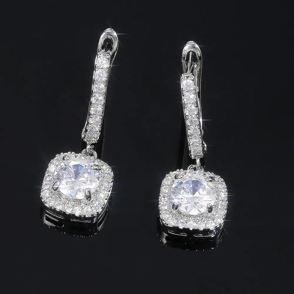 Crystal Square Halo Huggie Drop Earrings, view 3
