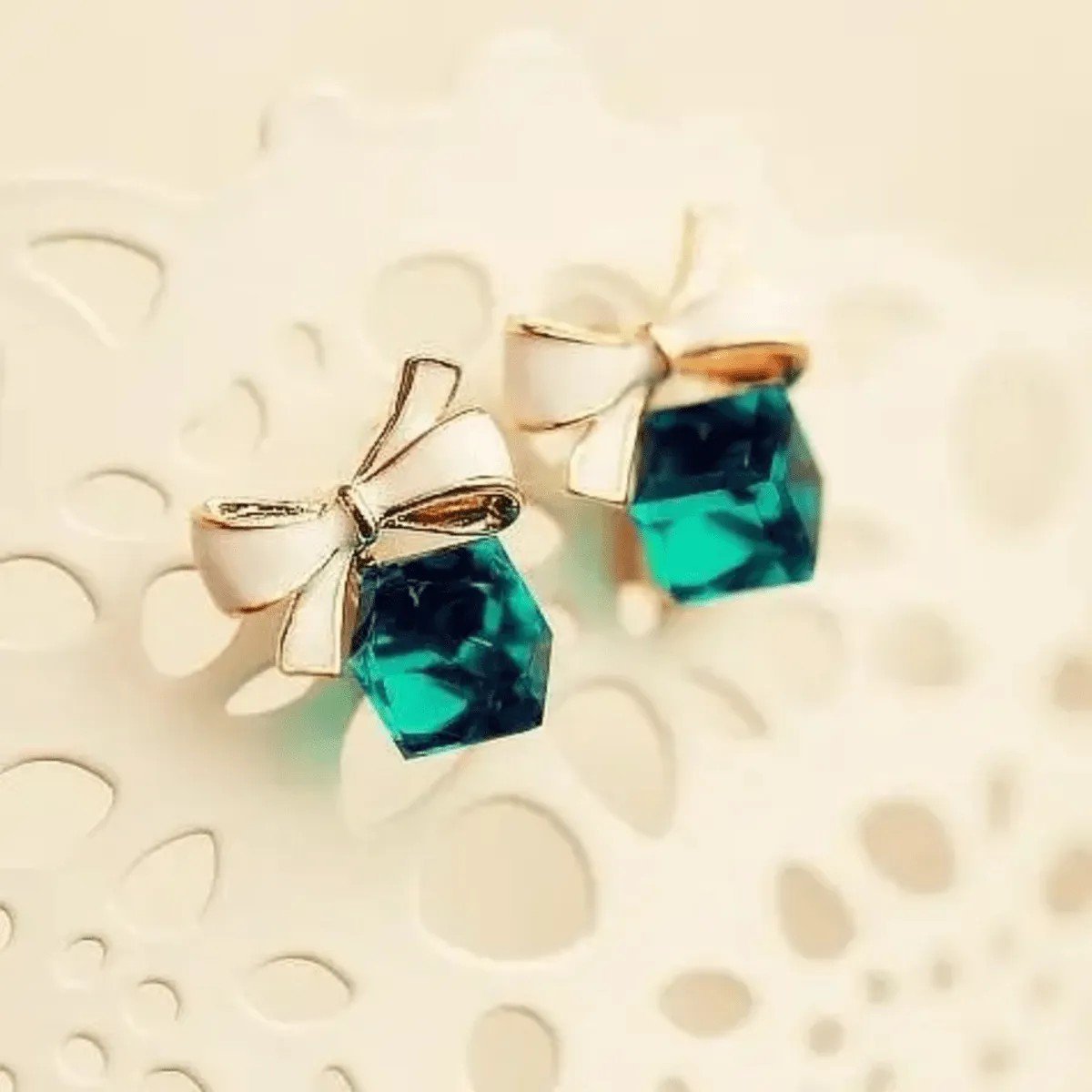 Green Cube Stone Bow Stud Earrings for women