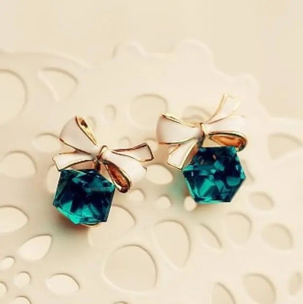 Green Cube Stone Bow Stud Earrings, view 3