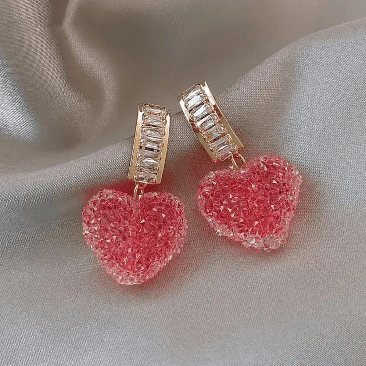 Pink Textured Heart Drop Earrings, view 2