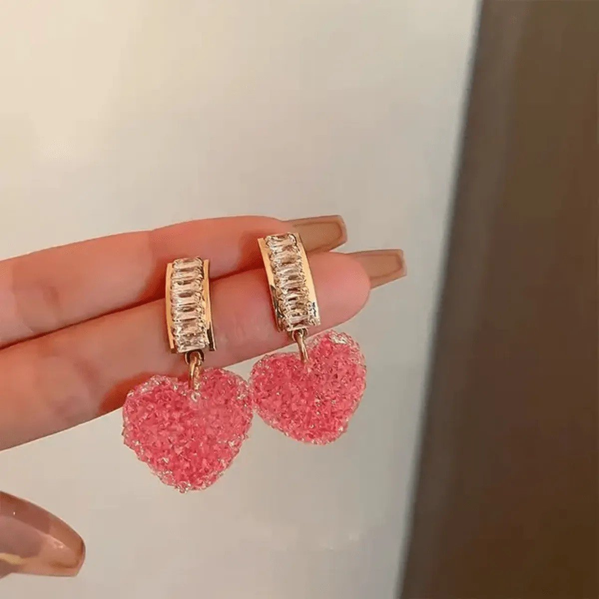 Pink Textured Heart Drop Earrings, view 3
