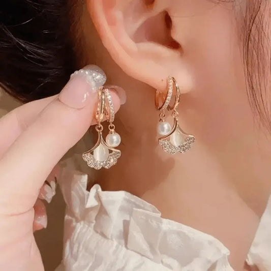 Pearl Fan Charm Huggie Earrings