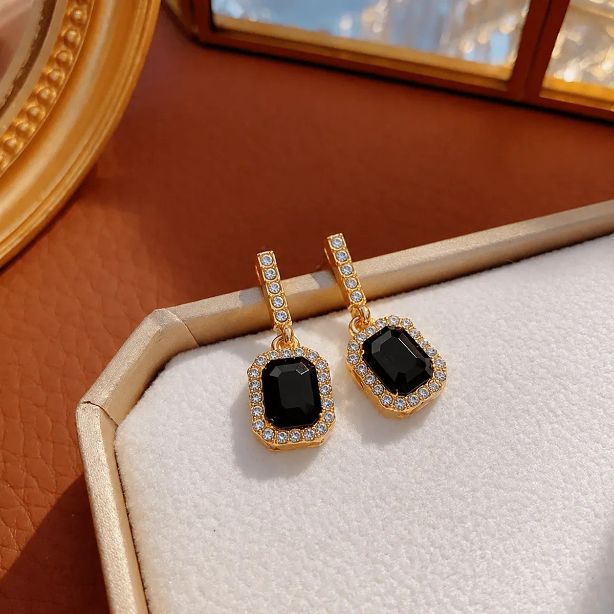 Black Square Crystal Halo Drop Earrings for women