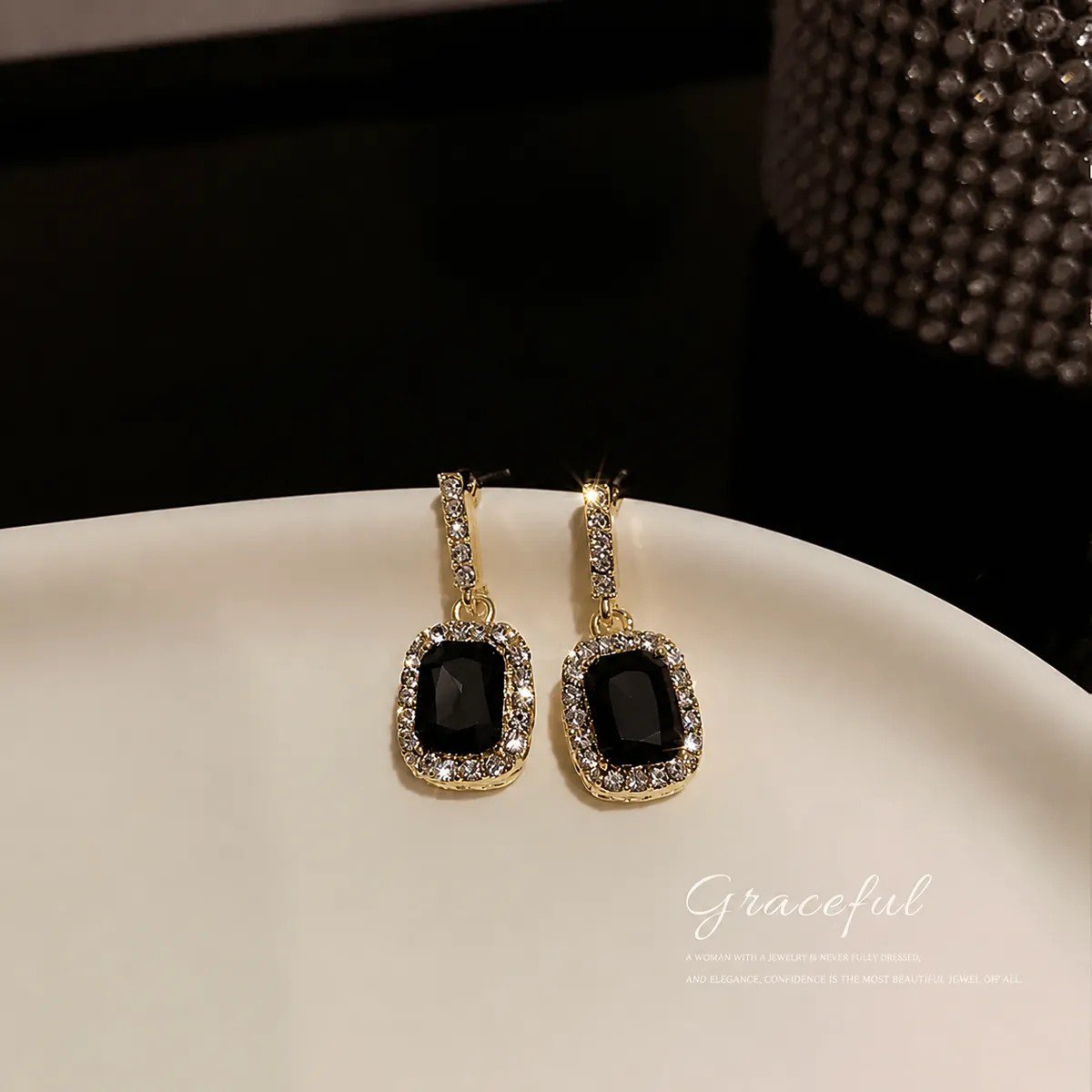 Black Square Crystal Halo Drop Earrings, view 2