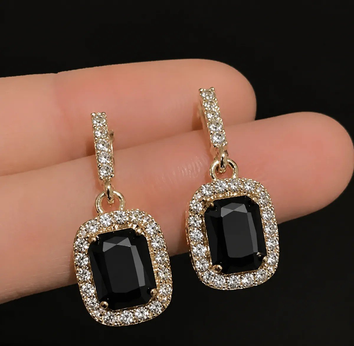 Black Square Crystal Halo Drop Earrings, view 3