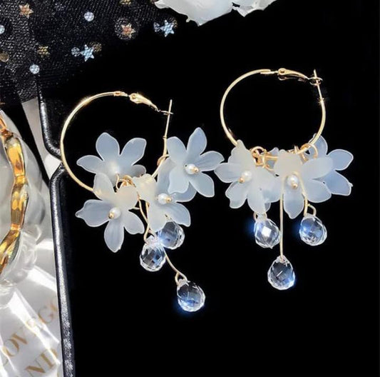 Frosted Flower Crystal Drop Hoop Earrings