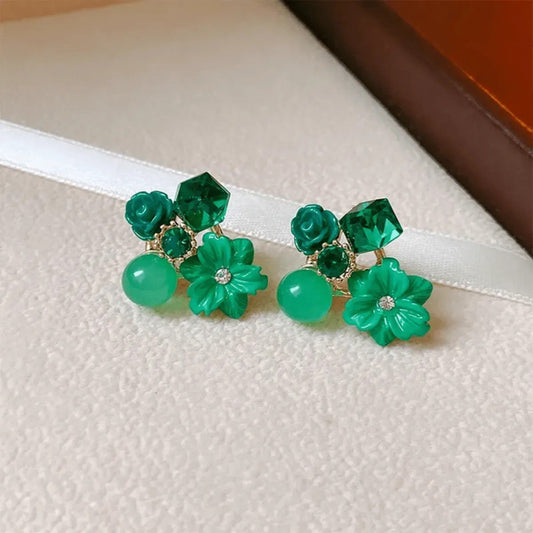 Green Floral Cluster Stud Earrings