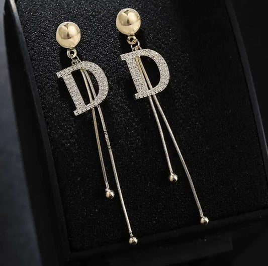 Crystal Initial D Long Drop Earrings