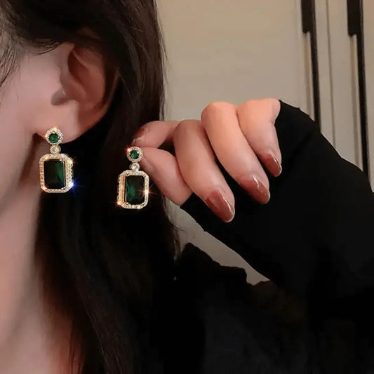Emerald Green Square Crystal Drop Earrings
