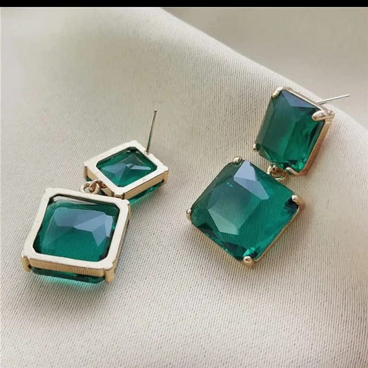 Emerald Green Square Stone Drop Earrings