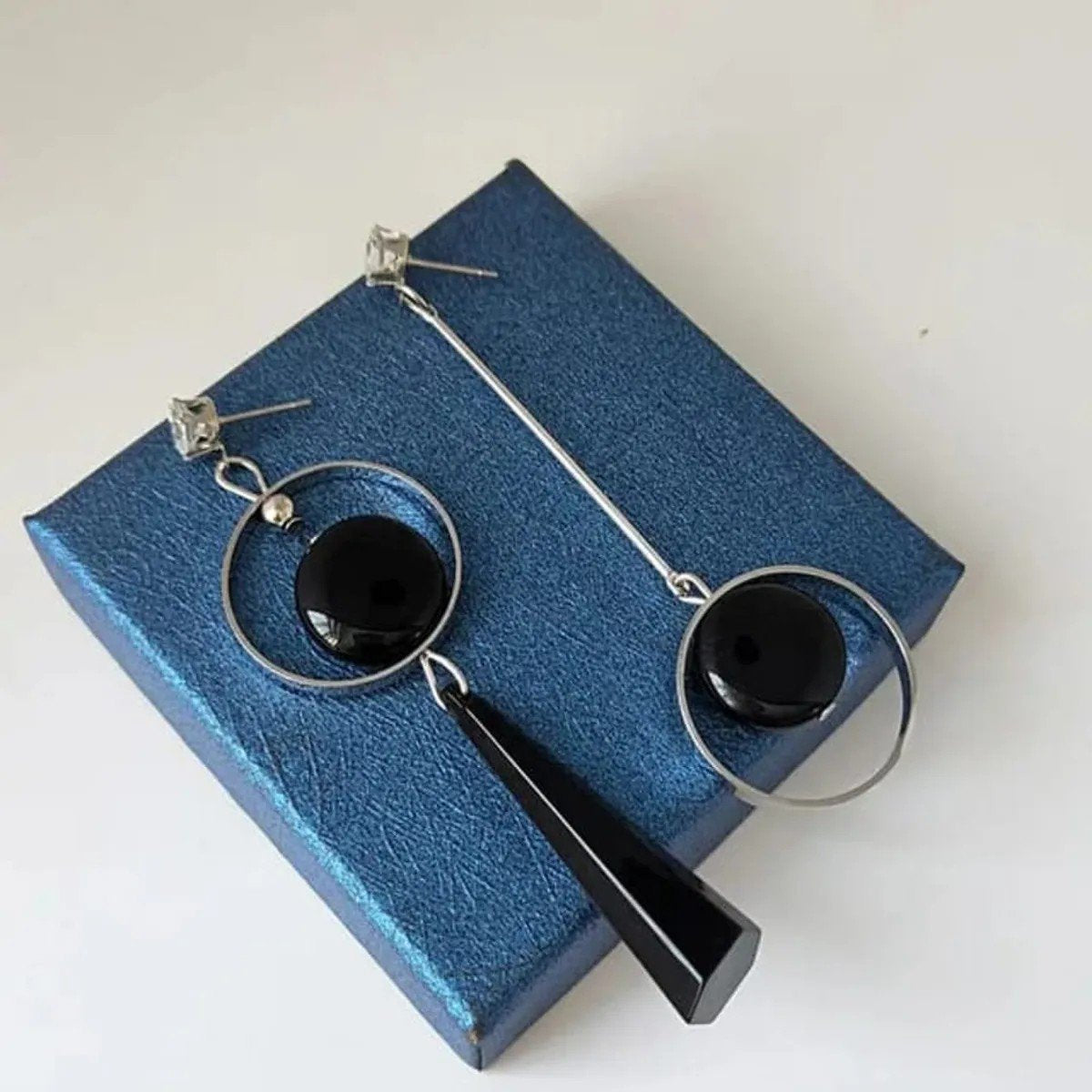 Asymmetric Black Circle Drop Earrings, view 2