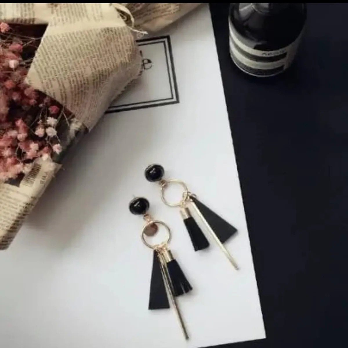 Asymmetric Black Circle Drop Earrings, view 3