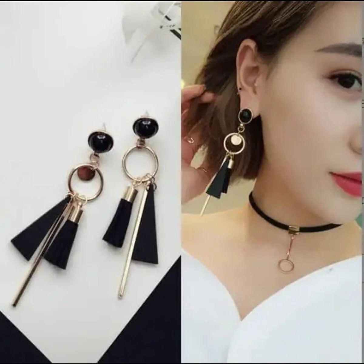 Asymmetric Black Circle Drop Earrings, view 4