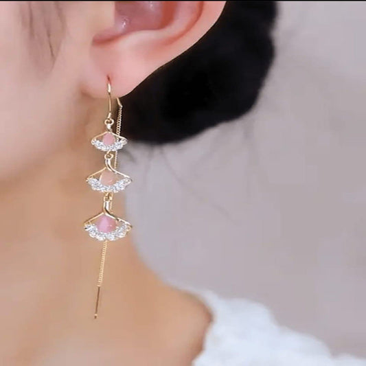 Pink fan charm long hook earrings by Aurex