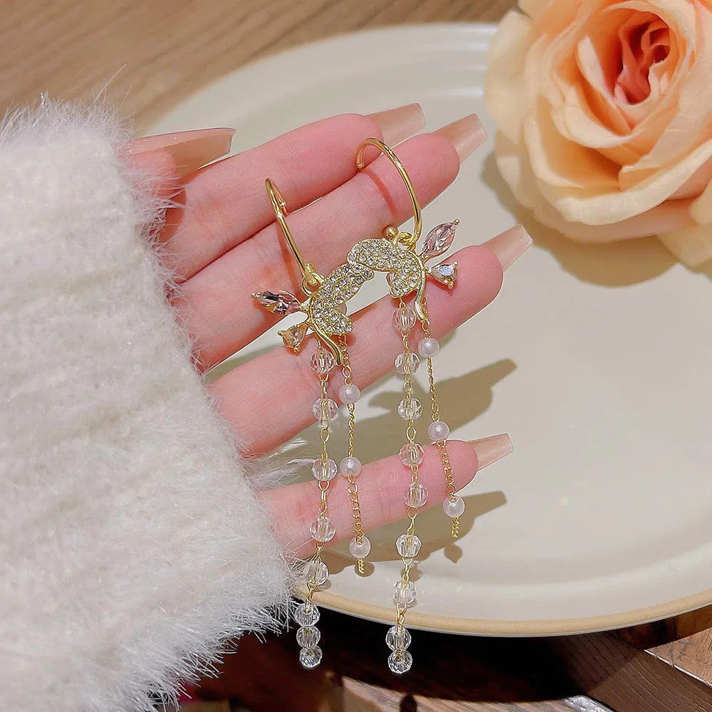 Crystal Pearl Beaded Long Tassel Earrings for women