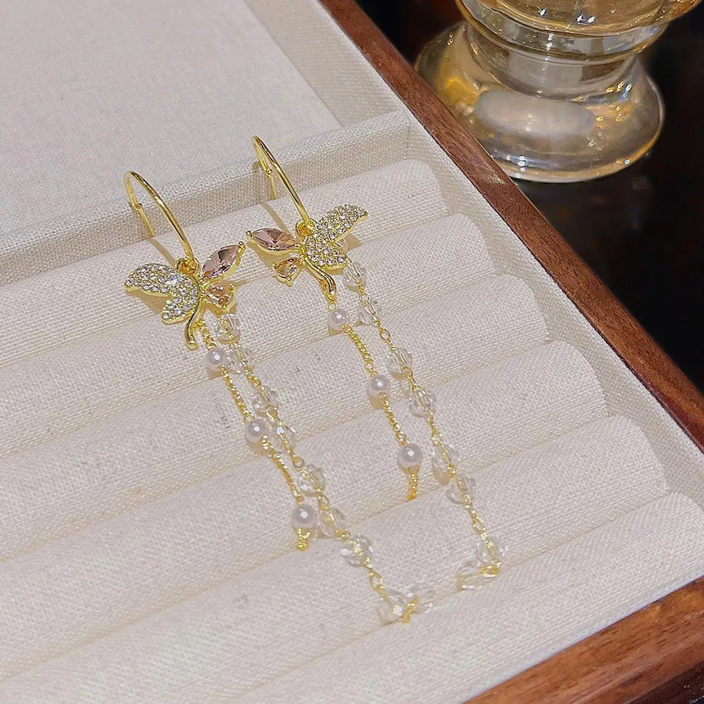 Crystal Pearl Beaded Long Tassel Earrings, view 2