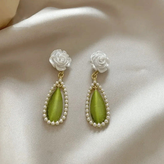 White Rose Green Teardrop Earrings