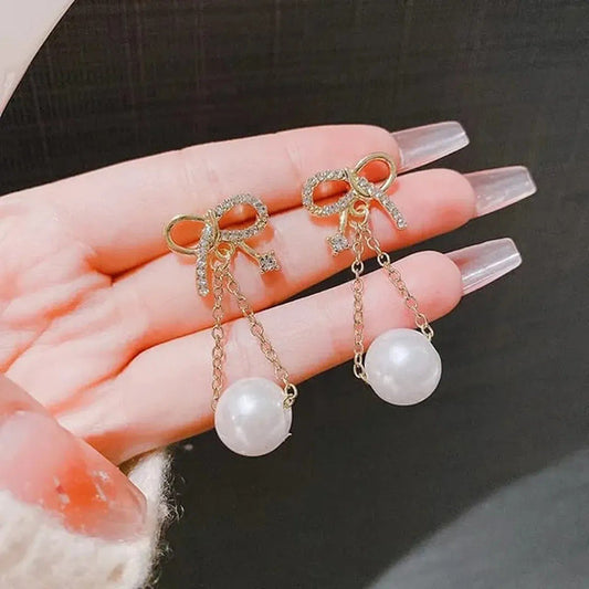 Rhinestone Bow Pearl Drop Earrings