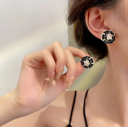 Black Camellia Flower Stud Earrings