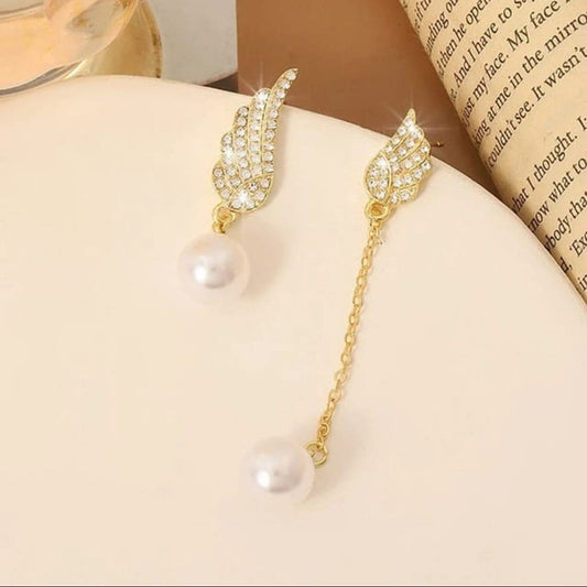 Crystal Wing Pearl Drop Earrings