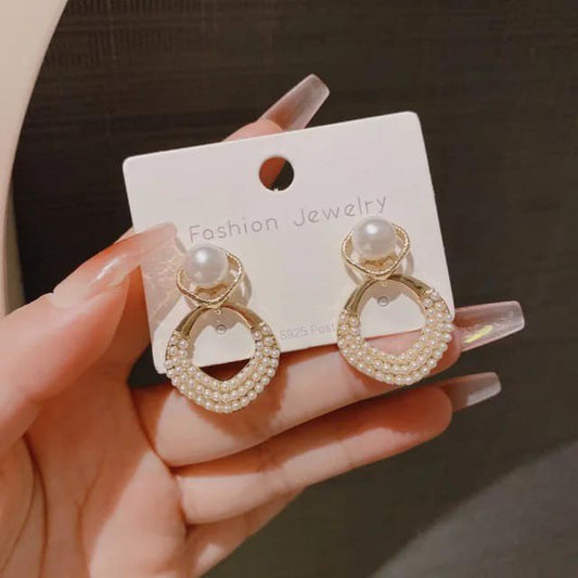 Pearl Crystal Circle Drop Earrings