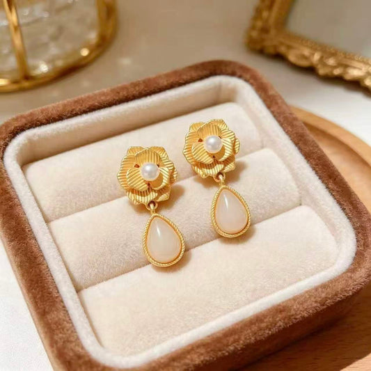Gold-Tone Rose Milky Teardrop Earrings