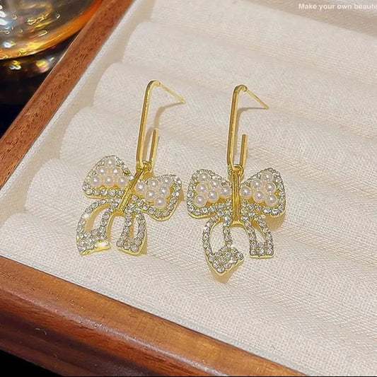 Crystal Pearl Bow Hook Earrings