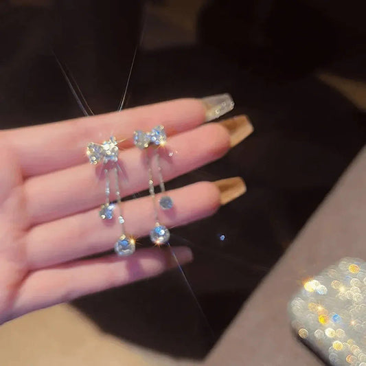 Crystal Bow Tassel Drop Earrings