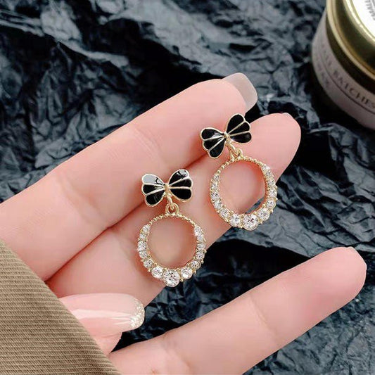 Black Bow Crystal Hoop Drop Earrings