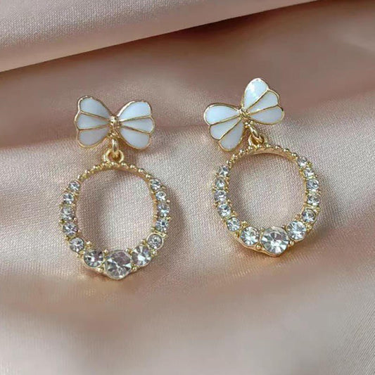 White Bow Crystal Hoop Drop Earrings