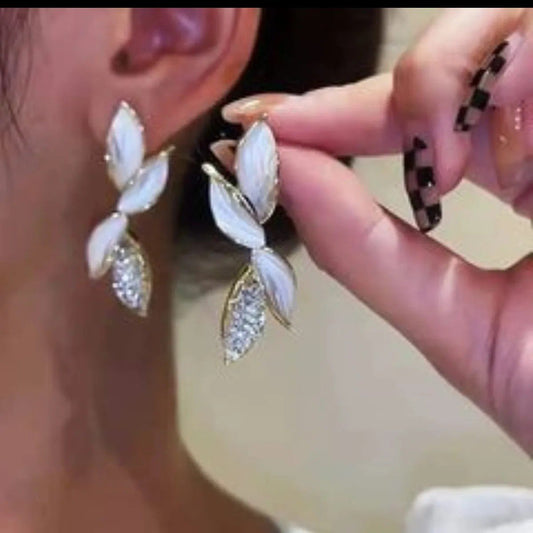 White Petal Leaf Drop Earrings