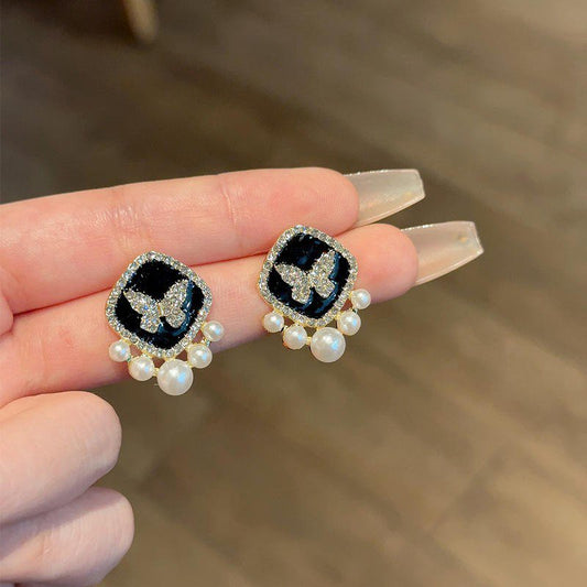 Black Square Butterfly Pearl Stud Earrings