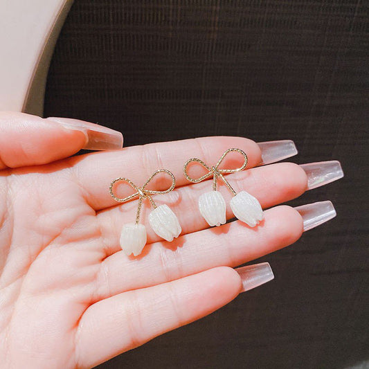 White Tulip Bow Drop Earrings for women