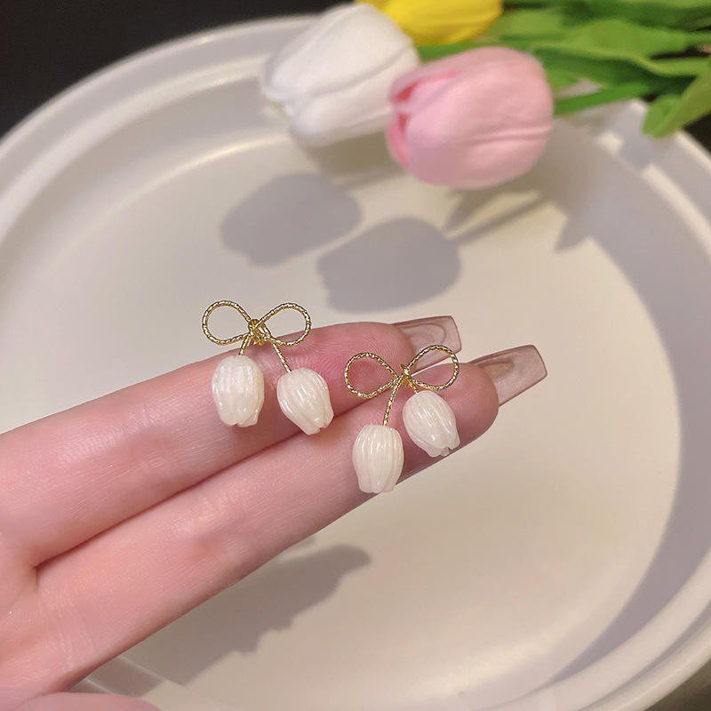 White Tulip Bow Drop Earrings, view 2