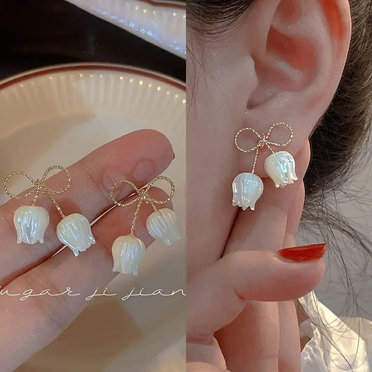 White Tulip Bow Drop Earrings, view 3