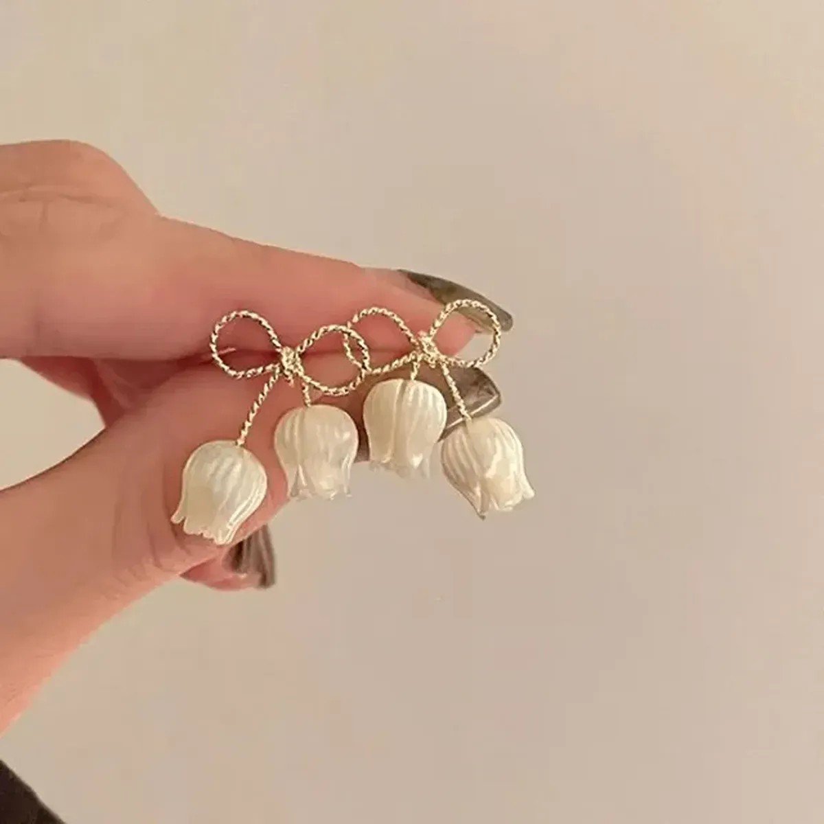 White Tulip Bow Drop Earrings, view 4
